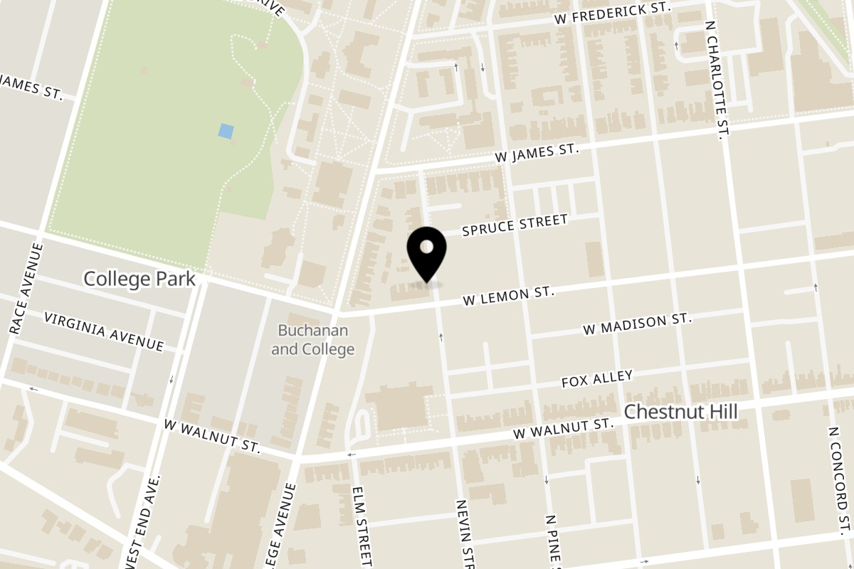 Map showing the location of Pizzeria 211 on 601 W Lemon St in Lancaster